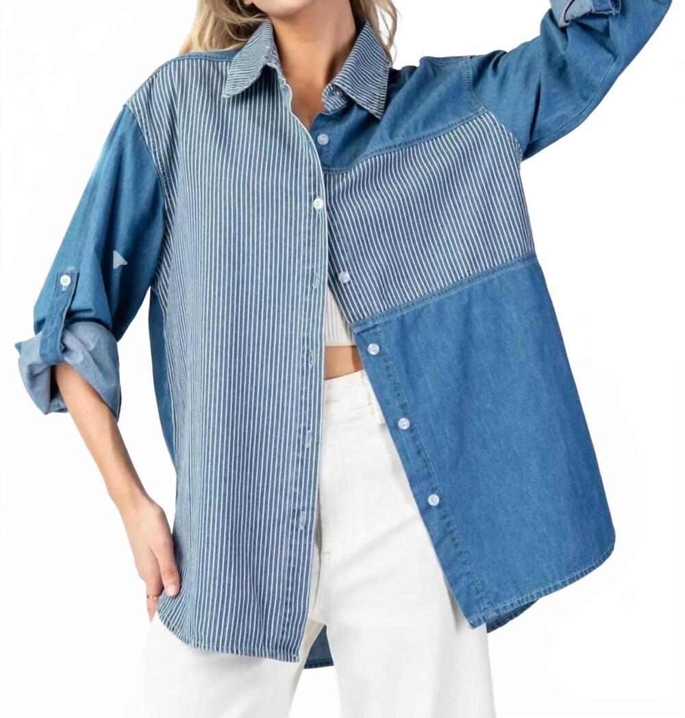 NEW EE:SOME women's mineral washed pinstriped shirt in blue